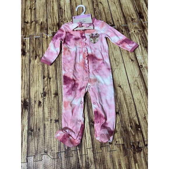 Mon Cheri Baby 2pc Set Pink Footie And Headband Reindeer Theme - Picture 2 of 7